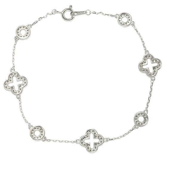 Suzy Levian Sterling Silver White Cubic Zirconia Clover and Circles Bracelet - Picture 2 of 2